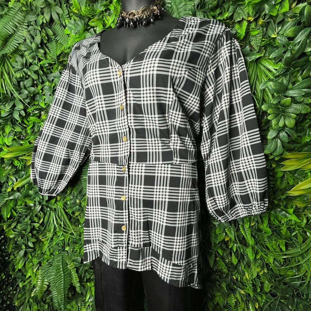 MPH Tops Women 3XL Black White Blouse V Neck Plaid 3/4 Sleeve‎ NWT 0228